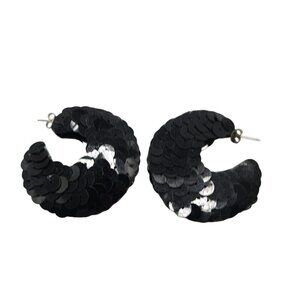 Black Sequin Hoop Earrings Retro 1980s Statement Jewelry Lightweight